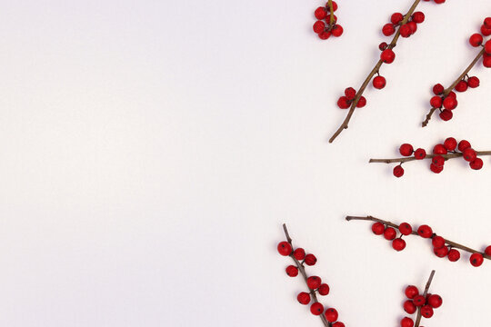 Branches of red winterberry scattered on a silver glittering background. Place for your design.