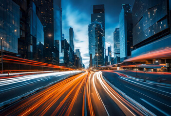 都市の交通量の多い高速道路やメインストリートの長時間露光写真風デジタルイラスト