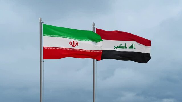 Iraq flag and  Iran flag waving together on blue sky, looped video