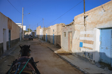 Fototapeta na wymiar Horse drawn carriage on Degache oasis town, Tozeur Governorate in Tunisia