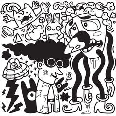 Doodle, black and white drawing of a drawing of cartoon characters, chilling creatures, messy, organic forms and shapes, kawaii, line art  cartoon ,Illustration Vector .