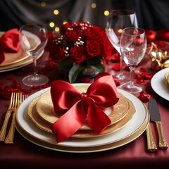 Valentines day table setting with red ribbons.