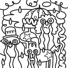 Doodle, black and white drawing of a drawing of cartoon characters, chilling creatures, messy, organic forms and shapes, kawaii, line art  cartoon ,Illustration Vector .