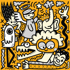 Doodle, hand drawn cartoon characters in an orange and yellow field, in the style of baroque religious scenes