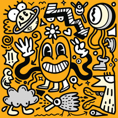 Doodle, illustration of cartoon monsters and cartoons on an yellow background, in the style of black and white abstraction, joyous figurative art