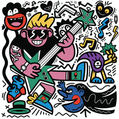Doodle, cartoon character playing guitar with various creatures, in the style of fluid line work, cheerful colors