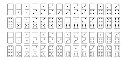 Domino tiles. Classic dominoes, domino's pictogram. Playing, parts of game full bones tiles. Black, white domino. Flat vector set. 28 pieces. White chip of domino on board for gambling. 