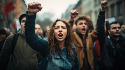 A woman at the head of the crowd chanting, freedom of speech and the fight for equal rights, diversity in society - obrazy, fototapety, plakaty