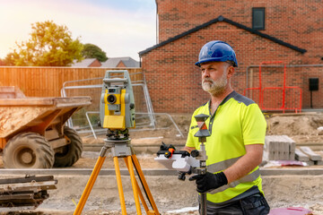 A man site engineer surveyor working with theodolite total station EDM equipment on a building...
