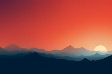 Fototapeten Sun sets behind a silhouette of layered mountain ranges with a vivid red sky © youriy