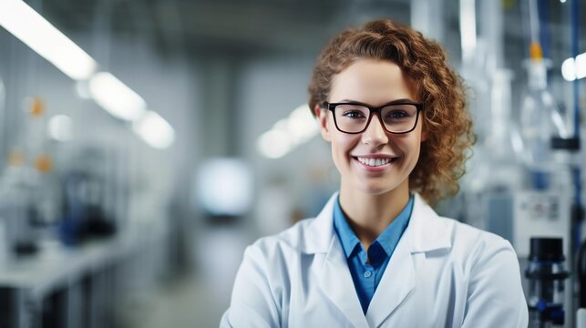Laboratory worker, educated women carrying out research, portrait of a woman in a scientist's outfit