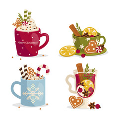 Set of cozy mugs with hot drinks. Winter time. Christmas drink. Vector graphic.