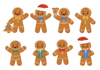 Set of different funny gingerbread men. Crunchy, fun, funny and cute. Vector graphic.