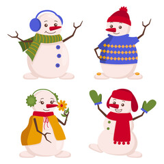 Set of different funny snow men. In hats, scarves, sweaters and mittens. Winter time. Vector graphic.
