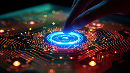 Obraz premium Intrigued, you discover a concealed button on the circuit board. Upon pressing it, a holographic message materializes, unveiling a secret and captivating narrative.