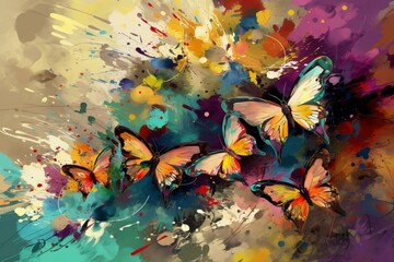 Colorful butterflies in a swirling paint frenzy; artful creation for postcards and posters. Generative AI