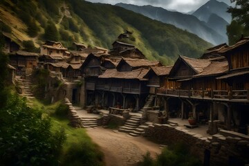 Obraz premium Masterpiece, best quality, ultra-detailed, realistic, no humans, scenery, fantasy, village - AI Generative