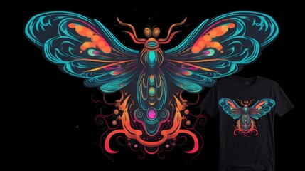 t-shirt print ready neon psychedelic colors flat black.Generative AI