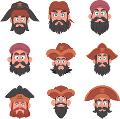 Set of various faces of pirates and robbers. Cartoon style