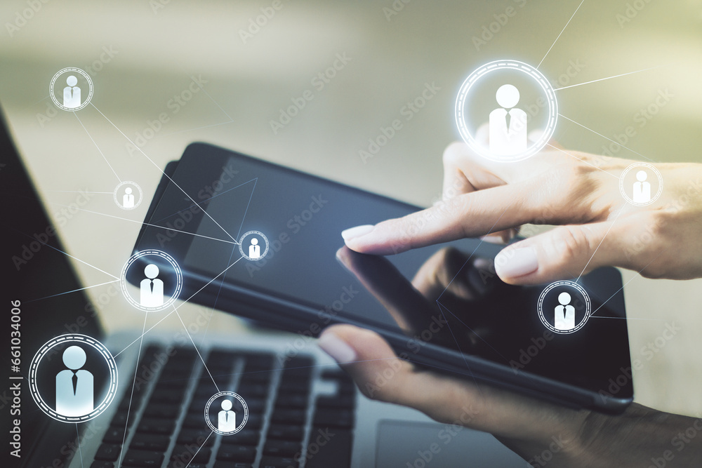 Poster social network media concept with finger presses on a digital tablet on background. double exposure