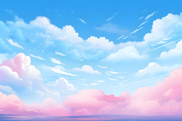Bright sky with fluffy clouds tinged with pink above a serene horizon