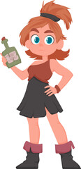 Funny and cute female pirate holding a bottle of rum. Cartoon style