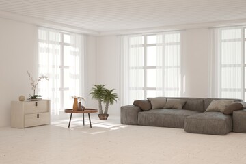 White living room with sofa. Scandinavian interior design. 3D illustration