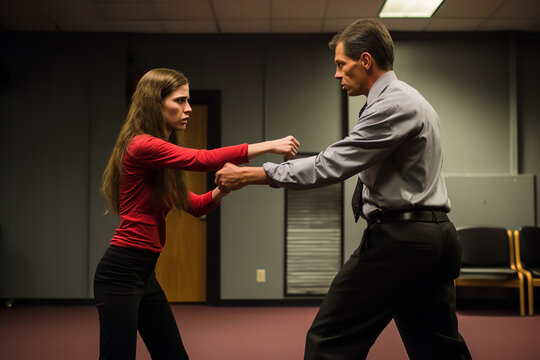 A self-defense instructor demonstrating techniques as part of a harassment prevention program