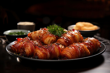 Christmas homemade Bacon Pigs in blankets for traditional festive dinner. Sausages wrapped in bacon. British cuisine. Close up - obrazy, fototapety, plakaty