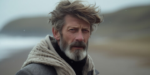 A gloomy silver-haired man standing on a desolate beach. His expression filled with melancholy.