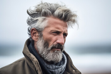A gloomy silver-haired man standing on a desolate beach. His expression filled with melancholy.