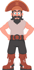 Funny and strict man pirate. Guy in a pirate costume. Cartoon style