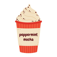 Peppermint mocha coffee with chocolate. Winter hot drink. Cartoon flat vector illustration