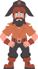 Funny and strict man pirate. Guy in a pirate costume. Cartoon style