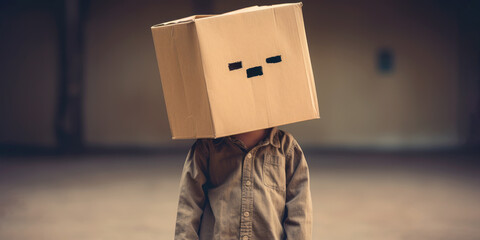 Imagen de un niño triste con una caja de cartón en la cabeza. - obrazy, fototapety, plakaty