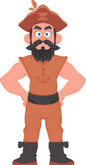 Funny and strict man pirate. Guy in a pirate costume. Cartoon style