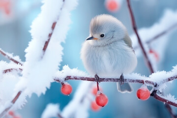 Pequeño pájaro blanco adorable en bosque cubierto de escarcha en una rama bajo la nieve en el parque navideño.  - obrazy, fototapety, plakaty