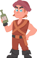 Funny and cute male pirate holding a bottle of rum. Cartoon style
