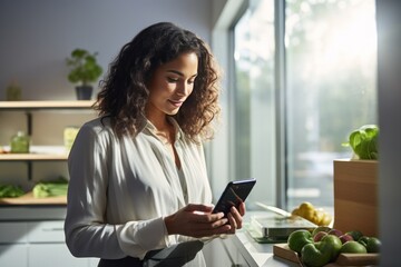 Lady in modern kitchen space engaged with grocery store app on phone - obrazy, fototapety, plakaty