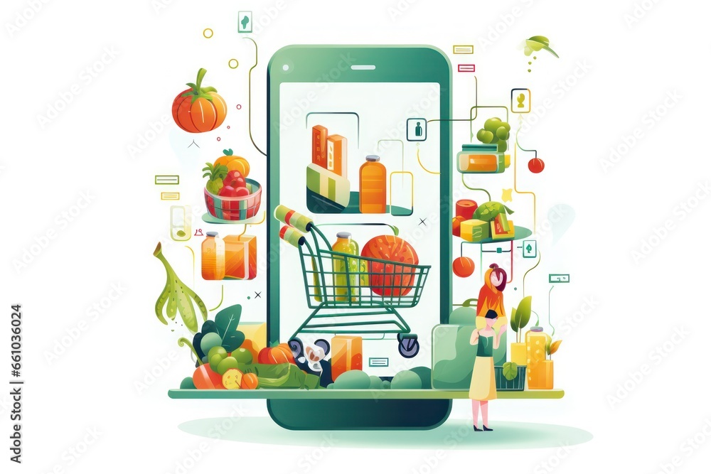 Poster e-grocery app visualization on phone screen, complete with playful vegetable and fruit symbols
