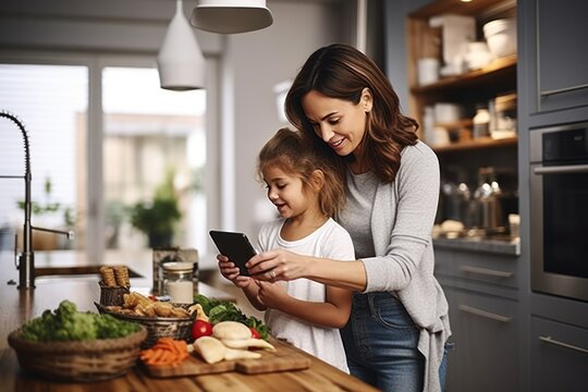 Busy mom managing online grocery list on smartphone in kitchen with child