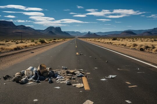 waste scattered on a deserted road. Generative AI