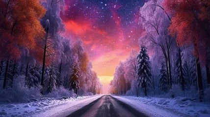 Fotobehang Road leading towards colorful sunrise between snow covered trees with epic milky way on the sky © Sobyasachi