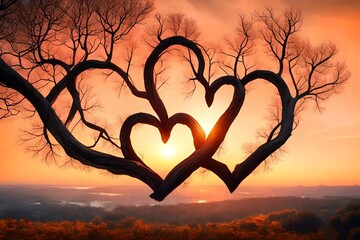 Generate an image of two intertwined tree branches forming a heart shape against the sunset sky