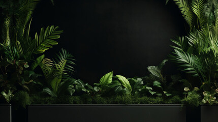 Green wall and plants with copyspace. Marketing advertising platform