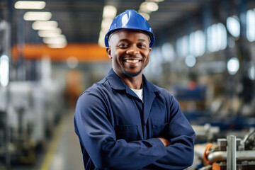 Smiling black man is a professional worker in a hard hat in a factory - obrazy, fototapety, plakaty