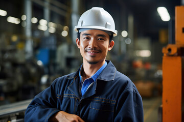 Smiling Asian man is a professional worker in a hard hat in a factory