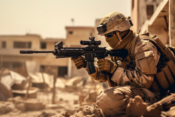 A soldier with an automatic weapon among the destruction aims at the enemy
