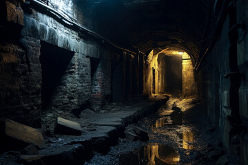 A mysterious underground city illuminated by light bulbs. Tangled tunnels and dimly lit chambers.