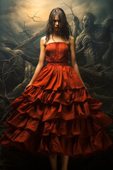 Enthralling seductive succubus in a red dress, embodying a captivating allure of danger. - obrazy, fototapety, plakaty